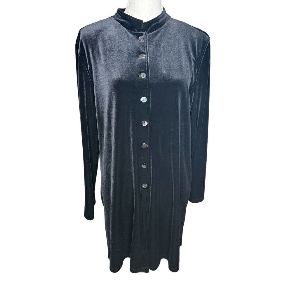 Chicos Black Velvet Long Sleeve Mock Neck Button Down Jacket Tunic Cardigan Size